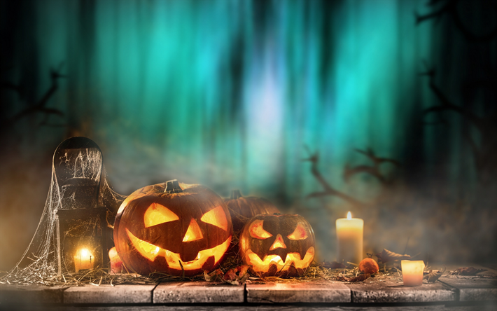 Halloween, zucche, notte, foresta, candele, ottobre 31, vacanze d&#39;autunno