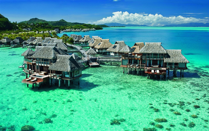 tropicale, isola di Bora Bora, mare, bungalow, viaggi, estate, vacanze