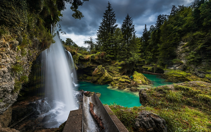River Traun, Upper Austria, waterfall, mountain river, forest, mountain landscape, Austria