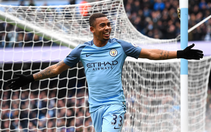 Gabriel Jesus, 4k, Manchester City, football, goals, Premier League, England, Brazilian footballer, new Manchester City emblem