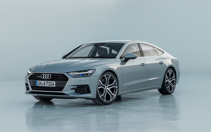 Audi A7 Sportback, 2018, 4k, front view, luxury 4-door coupe, new A7, gray color, German cars, Audi