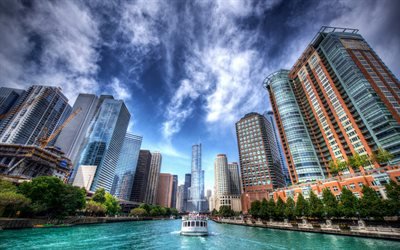 Chicago, hdr, rascacielos, barco de motor, R&#237;o Chicago, Illinois, estados UNIDOS