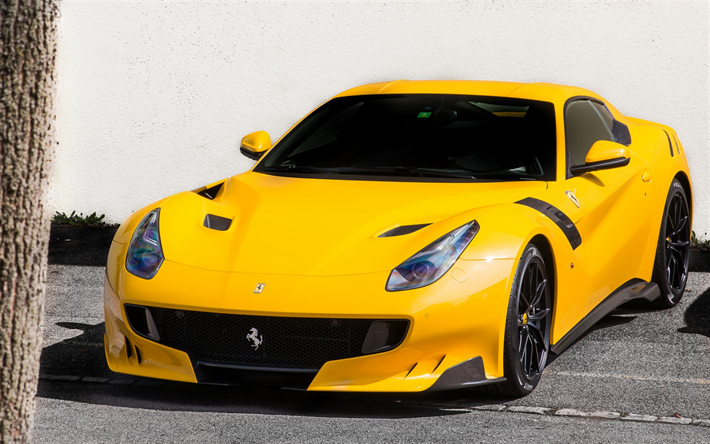 Ferrari F12 TDF, yellow sports coupe, front view, car, tuning F12, yellow Ferrari