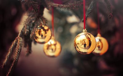 Happy New Year, bokeh, Christmas, golden balls, xmas tree, New Year, glare, Xmas