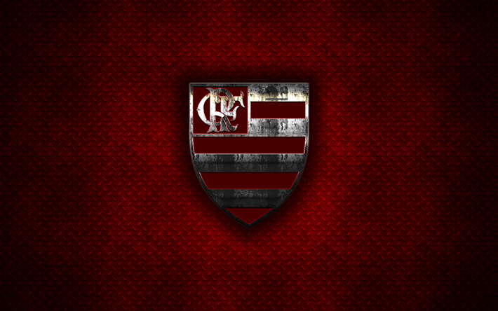 Flamengo FC, el Clube de Regatas do Flamengo, 4k, logo de metal, arte creativo, Brasile&#241;o, club de f&#250;tbol de la Serie a, con el emblema de metal rojo de fondo, R&#237;o de Janeiro, Brasil, el f&#250;tbol