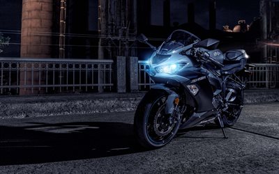 Kawasaki Ninja ZX-6R, 4k, notte, 2018 moto, superbike, via, Kawasaki
