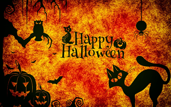 Halloween, 31 de octubre de fondo creativo, calabazas, gatos negros, ara&#241;as