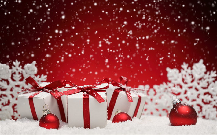 Yılbaşı hediyeleri, kırmızı yay ile beyaz kutular, kırmızı Noel arka plan, kar, Yeni Yıl, Noel