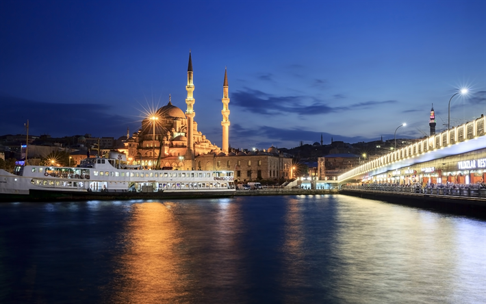 4k, Yeni Cami, nightscapes, Galata Bridge, Istanbul, Turkey
