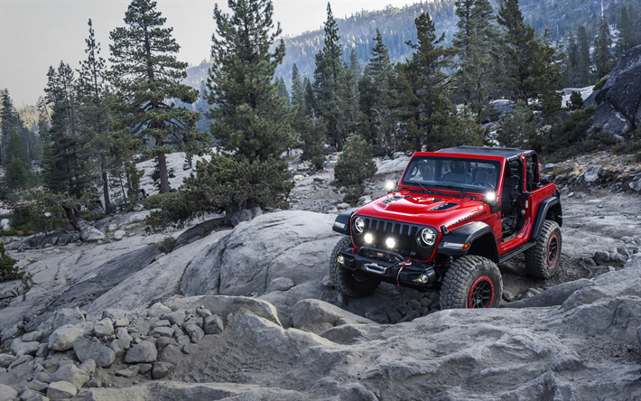 Jeep Wrangler Rubicon, 2018, off-road, rocks, red SUV, new red Wrangler, Jeep
