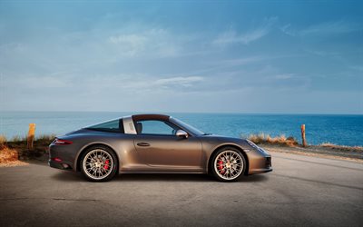 Porsche 911 Targa 4 GTS, Exclusive Manufaktur Edition, 2019, side view, gray sports coupe, tuning, supercars, Porsche