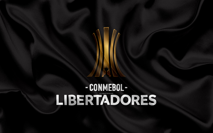 Copa Libertadores, 4k, logo, emblem, football tournament, black silk flag, silk texture, The CONMEBOL Libertadores, South America
