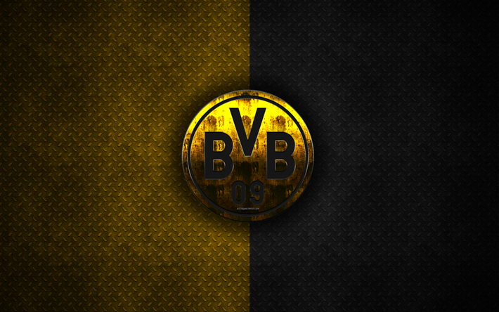 Borussia Dortmund, BVB, 4k, metal logo, creative art, German football club, Bundesliga, emblem, yellow black metal background, Dortmund, Germany, football