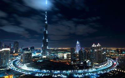 Dubai, Burj Halife, g&#246;kdelen, modern mimari, gece, metropolis, Birleşik Arap Emirlikleri