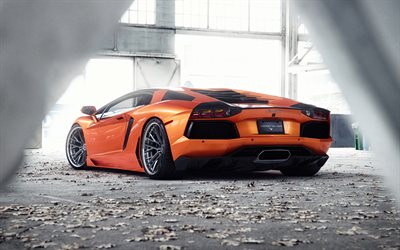 4k, Lamborghini Aventador, vue de dos, 2018 voitures, supercars, Orange Aventador, Lamborghini