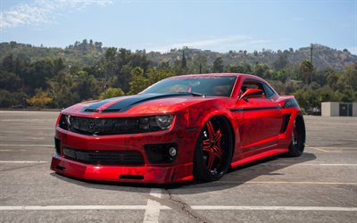 Chevrolet Camaro, red sports coupe, aerodynamic body kit, tuning, red Camaro, black wheels, American sports cars, Muscle Car, Chevrolet