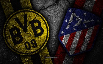 O Borussia Dortmund vs Atl&#233;tico de Madrid, Liga Dos Campe&#245;es, Fase De Grupos, Rodada 3, criativo, O Borussia Dortmund FC, O atl&#233;tico de Madrid FC, pedra preta