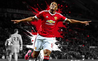 Anthony Martial, 4k, art, Manchester United FC, french football player, striker, red splashes of paint, grunge art, Premier League, England, football