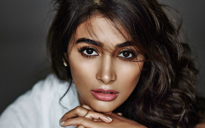 Pooja Hegde, close-up, 2018, Bollywood, photographie, portrait, maquillage, l&#39;actrice indienne, beaut&#233;