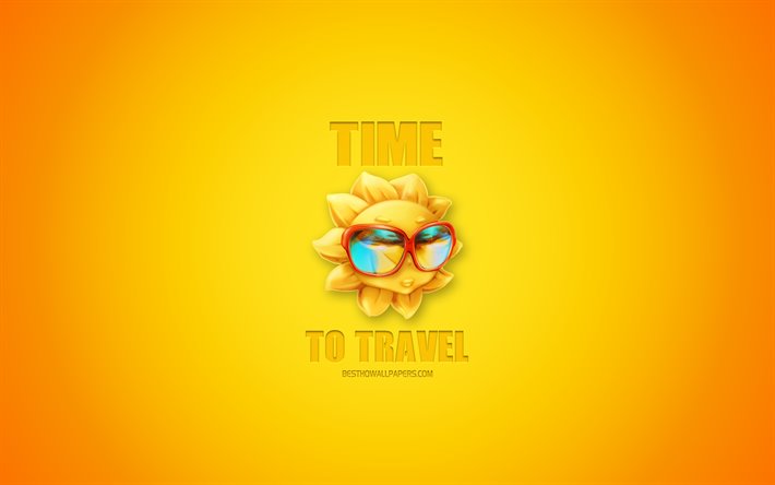 Seyahat zamanı, sarı arka plan, 3d sun, Seyahat kavramları, motivasyon, ilham