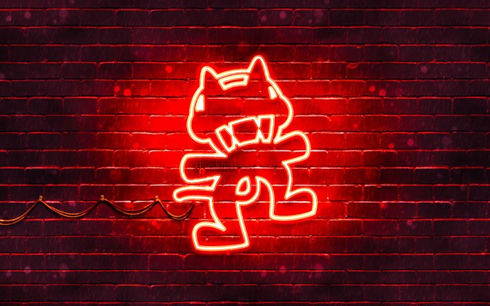 monstercat red-logo, 4k, superstars, rot brickwall, monstercat logo -, grafik -, musik-stars, monstercat neon-logo, monstercat