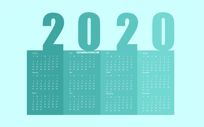Turchese 2020 Carta Calendario, tutti i mesi, sfondo turchese, 2020, il Nuovo Anno del Calendario, preferiti agenda 2020, 2020 Calendario