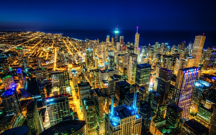 4k, シカゴ, nightscapes, 近代ビル, アメリカの都市, イリノイ, 米, シカゴの夜, 米国, 都市シカゴ, 都市のイリノイ