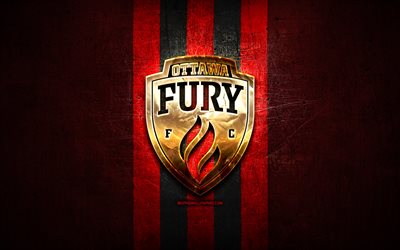 Ottawa Fury FC, golden logo, USL, red metal background, american soccer club, United Soccer League, Ottawa Fury logo, soccer, USA