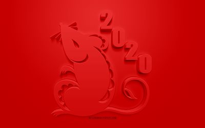 Il 2020, Anno del Ratto, calendario Cinese 2020 Anno Cinese sfondi 3d ratto, 2020 3d, sfondo, Rosso 2020 sfondo