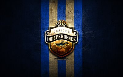 Charlotte Independence FC, golden logo, USL, blue metal background, american soccer club, United Soccer League, Charlotte Independence logo, soccer, USA