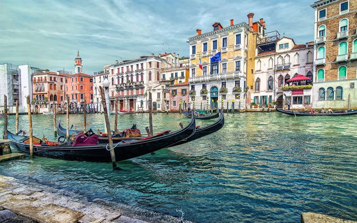 4k, Grand Canal, gondolas, italian cities, Venice, summer, Italy, Europe, venetian canals, italian landmarks, HDR