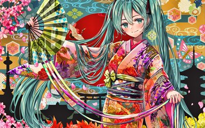 Hatsune Miku, kimono, Vocaloid Characters, manga, japanese traditional clothes, Vocaloid, Miku Hatsune