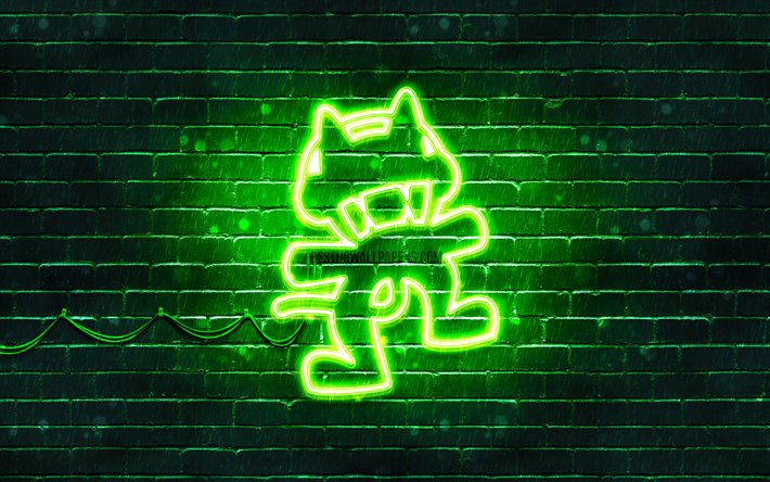 Monstercat logo vert, 4k, superstars, vert brickwall, Monstercat logo, des illustrations, des stars de la musique, Monstercat n&#233;on logo, Monstercat