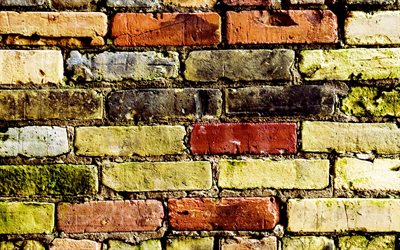colorful brickwall, 4k, colorful bricks, bricks textures, brick wall, bricks, wall, identical bricks, bricks background, colorful stone background