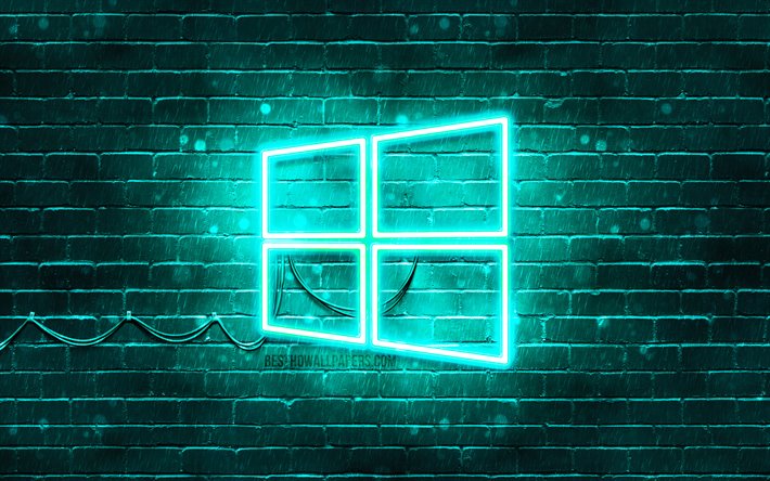 Windows10ターコイズブルーロゴ, 4k, ターコイズブルー brickwall, Windows10のロゴ, ブランド, Windows10のネオンのロゴ, Windows10