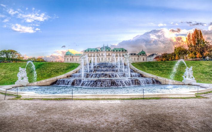 Belvedere, Vienne, fontaine, soir&#233;e, coucher du soleil, beau palais, l&#39;automne, l&#39;historique de Vienne, l&#39;Autriche, le palais Baroque