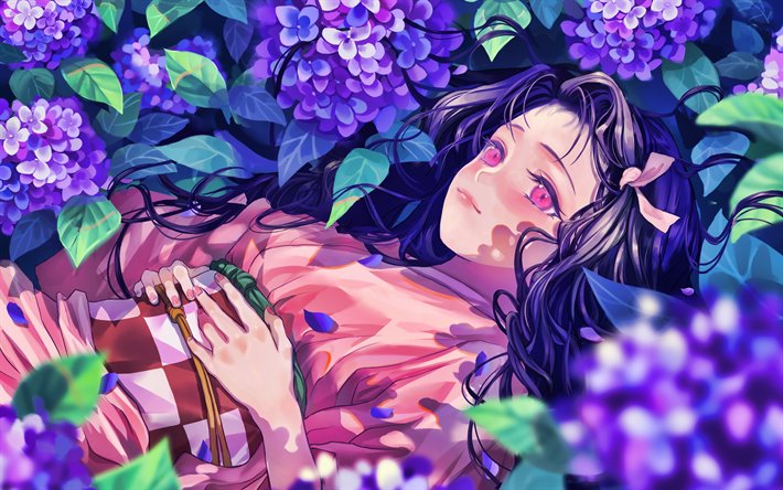 Nezuko Kamado, 4k, Kimetsu no Yaiba, manga, violet flowers, Kamado Nezuko, artwork