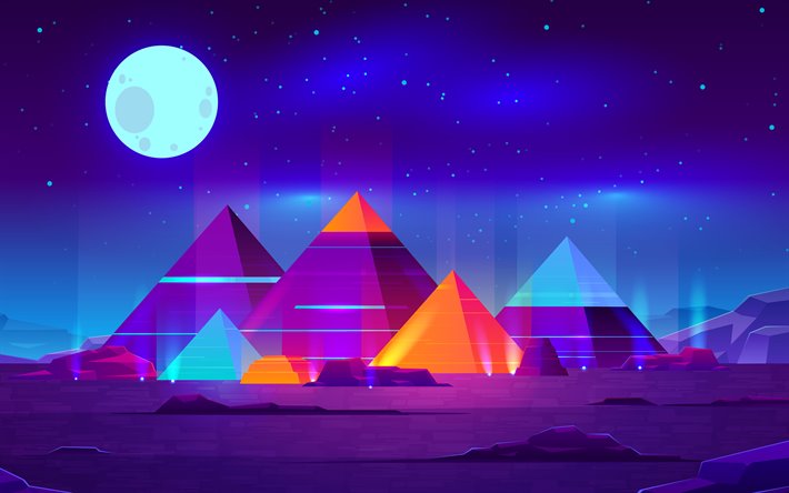 le piramidi egiziane, 4k, creativo, 3D, paesaggi astratti, astratto notturna, 3D montagne, grafica, 3D arte, piramidi, la luna, deserto