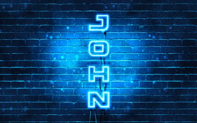 4K, John, vertical text, John name, wallpapers with names, blue neon lights, picture with John name