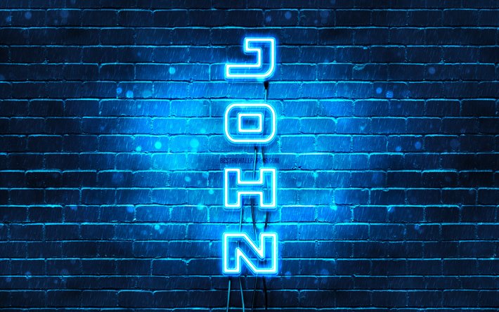 4K, جون, نص عمودي, جون الاسم, خلفيات أسماء, الأزرق أضواء النيون, صورة مع جون الاسم