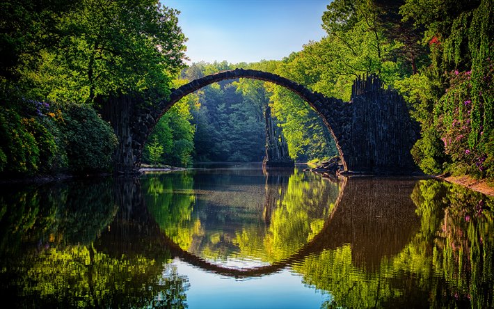デビルズ橋, 4k, ドイツのランドマーク, 美しい自然, 夏, Gablenz, ドイツ, 欧州, ドイツの自然
