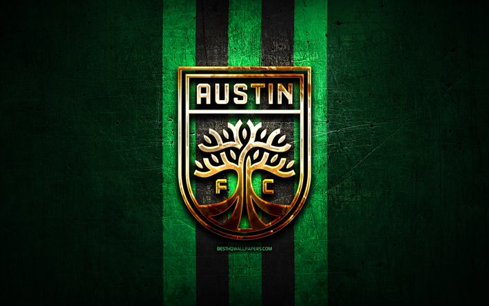 Austin FC, ouro logotipo, USL, metal verde de fundo, americano futebol clube, United Soccer League, Austin FC logotipo, futebol, EUA