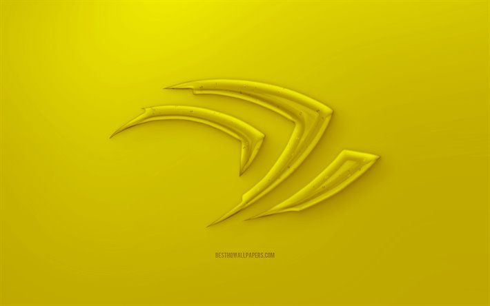 nvidia klaue 3d-logo, gelber hintergrund, gelb nvidia-kralle jelly logo, nvidia-kralle emblem, kreative 3d-kunst, nvidia