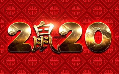2020 golden chiffres, 4k, rat signe du zodiaque, l'année du rat, de la chine rouge de fond, bonne et Heureuse Année 2020, créatif, 2020 concepts, 2020 avec signe rat, or chiffres, calendrier Chinois, à 2020 sur fond rouge, l'an 2020 chiffres