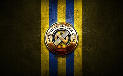 Nashville SC, golden logo, USL, yellow metal background, american soccer club, United Soccer League, Nashville SC logo, soccer, USA