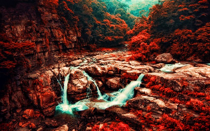 Taiwan, vacker natur, h&#246;st, HDR, skogen, vattenfall, blue river, stenar, taiwanesiska natur, Asien
