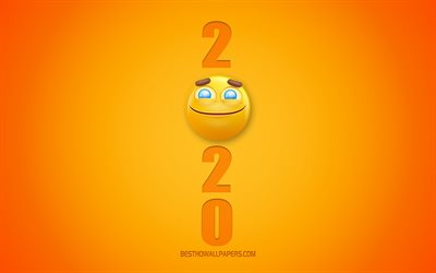 2020 hauska tausta, 2020 3d tausta, 2020-&#228;lypuhelimen tausta, 3d-2020 art, keltainen tausta, Hyv&#228;&#228; Uutta Vuotta 2020, 2020 k&#228;sitteit&#228;