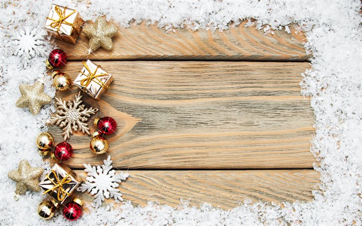 إطار عيد الميلاد مع الثلج, سنة جديدة سعيدة, الإطار مع ندفة الثلج, الثلوج الإطار, خشبية ضوء الخلفية, عيد الميلاد, الشتاء الإطار