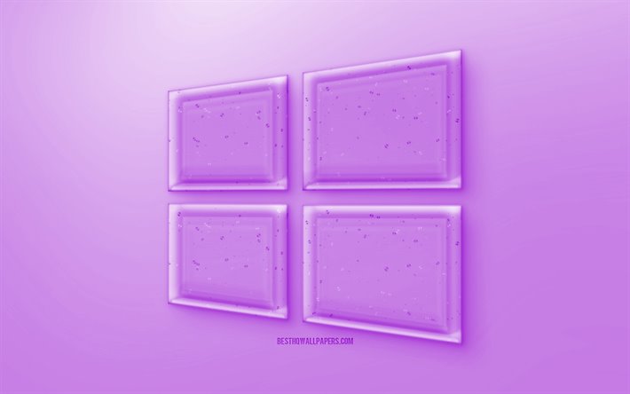Windows 10 3D logo, Mor arka plan, Mor Windows 10 jelly logo, Windows 10 amblemi, yaratıcı 3D sanat, Windows