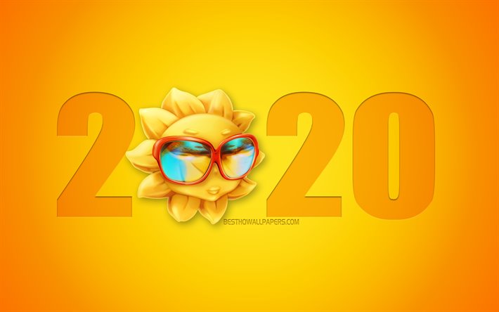 2020 Travel Background, 2020 Funny Background, sun, 2020 summer, creative 2020 art, 2020 concepts, Happy New Year 2020, Yellow 2020 background
